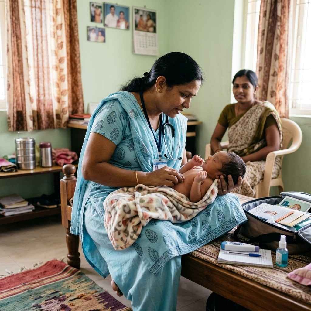 Recognising warning signs in the newborn through post natal home nursing care with a nurse educating parents about symptoms that require medical attention
