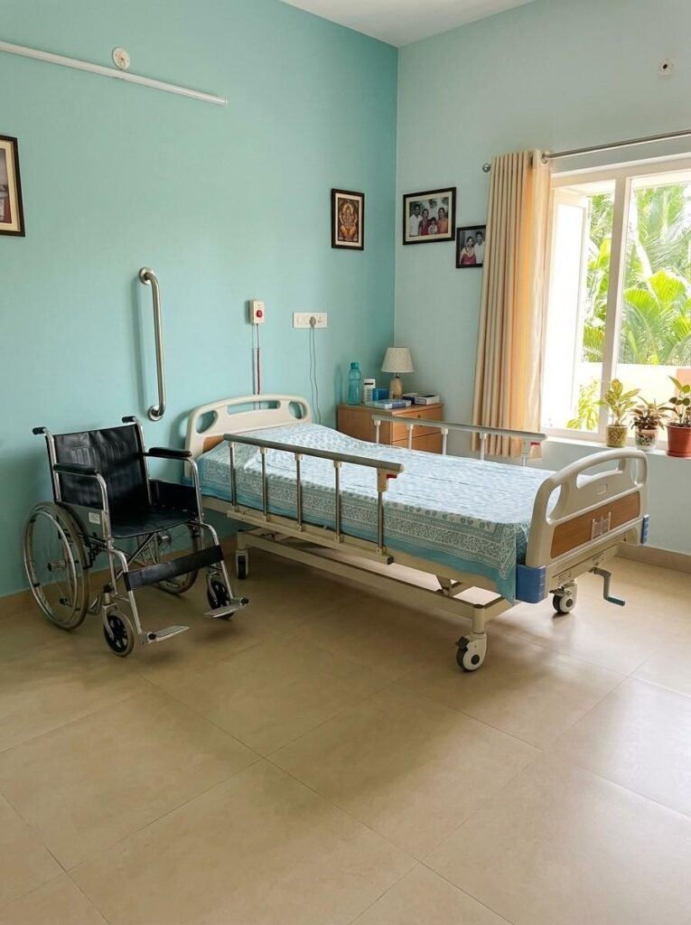 Stroke patient bedroom setup with accessible medical equipment and safety features for home recovery.