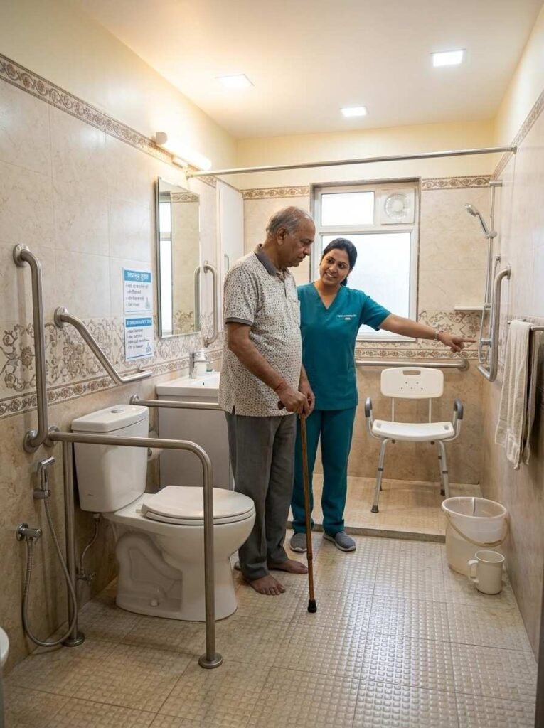 Accessible bathroom with grab bars and safety features designed for stroke patient home care.