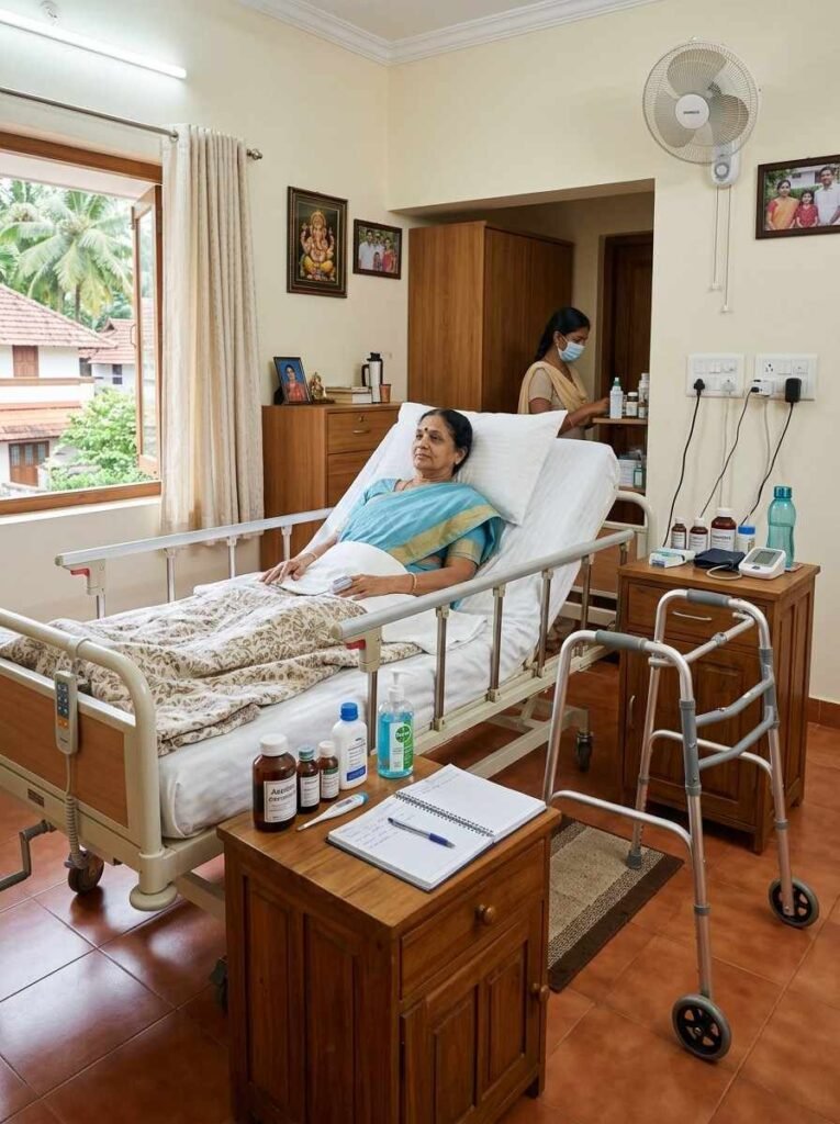 Home nursing care setup for stroke patients with a comfortable recovery space and essential medical support.
