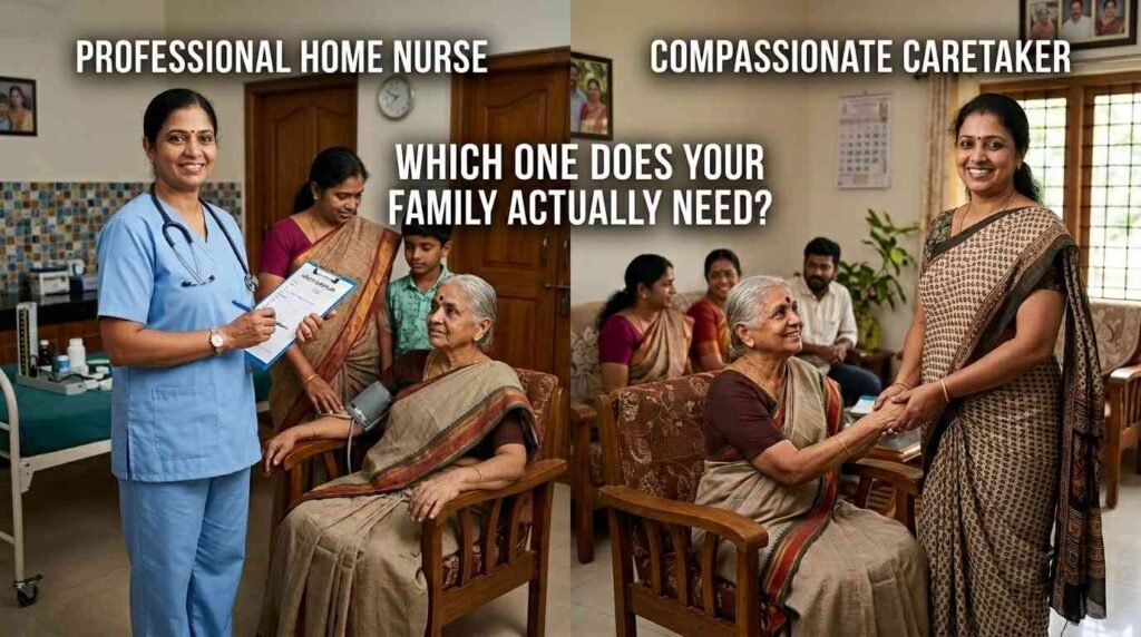 Home nurse vs caretaker comparison helping families decide whether they need skilled nursing care or daily living assistance for an elderly loved one.