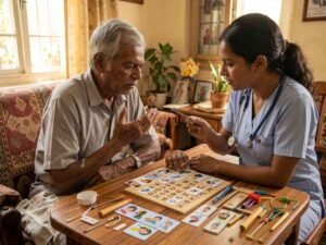 Home nursing care for stroke patients using communication exercises to improve speech and language abilities.