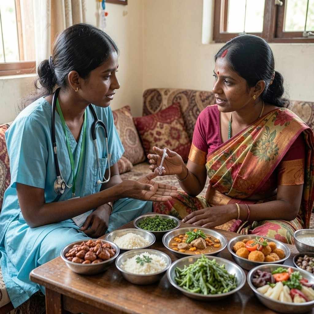 Alt Text: Supporting nutrition and recovery in post natal home nursing care with a nurse advising a new mother on healthy meals and postpartum healing