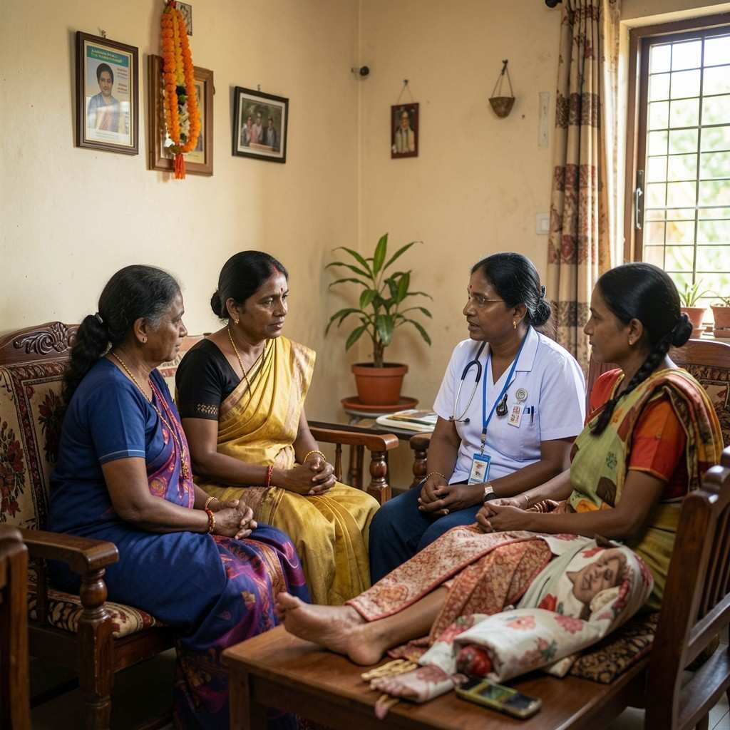 Supporting the family in palliative care at home with healthcare professionals guiding family members on caregiving and emotional support