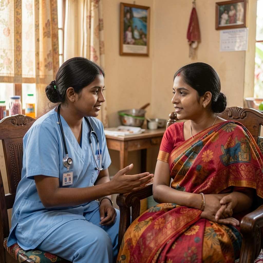 Watching for post-natal mental health concerns through post natal home nursing care with a nurse providing emotional support and counselling to a new mother
