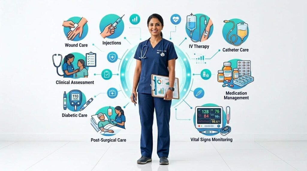 What a home nurse is and what they do – infographic showing professional nursing services including wound care, injections, medication management, vital signs monitoring, IV therapy, and diabetic care at home.