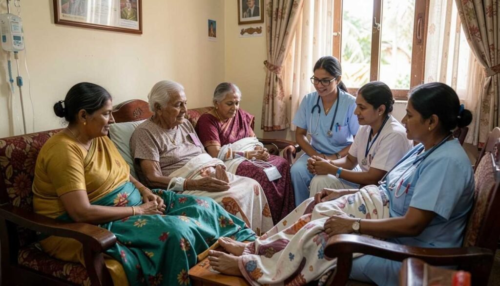 Who needs palliative care at home explained through a care discussion involving nurses, patients, and family members managing serious illness