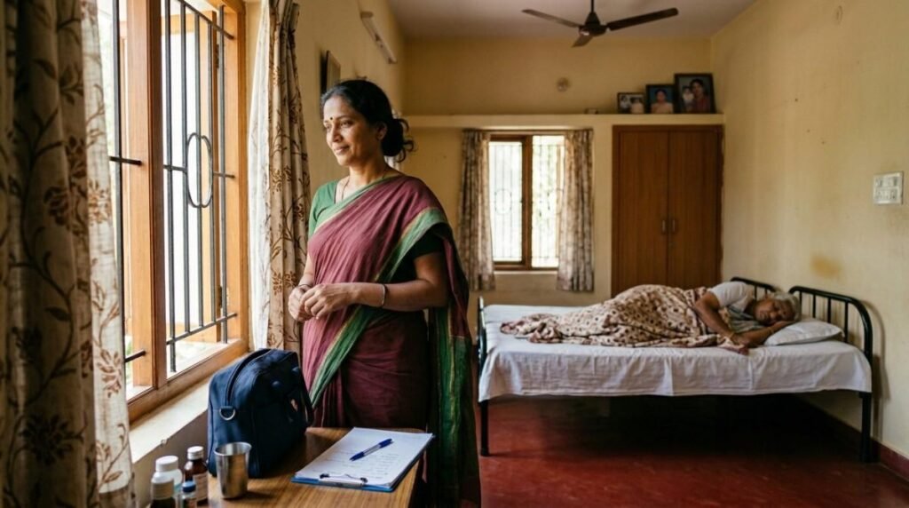 Patient care at home with family support while a home nurse in India supervises recovery and daily care needs.