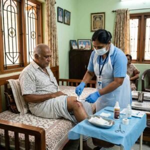 Wound care and dressing changes during post surgery home nursing care with a nurse cleaning and treating a surgical wound at home